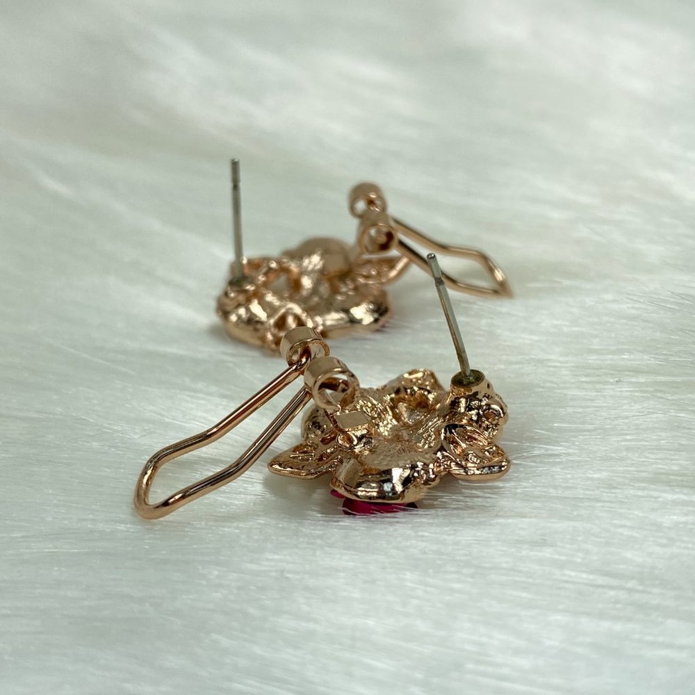 Pink Roses Gold Tone AB Rhinestone Pierced Earring - Picture 9 of 10